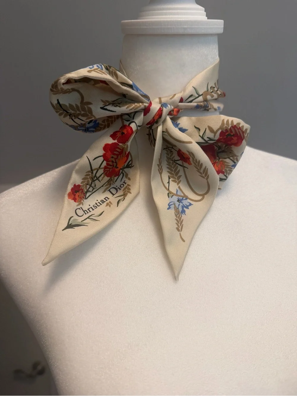 Dior Cream Silk Floral Bow Scarf with Red & Blue Blooms w/COA